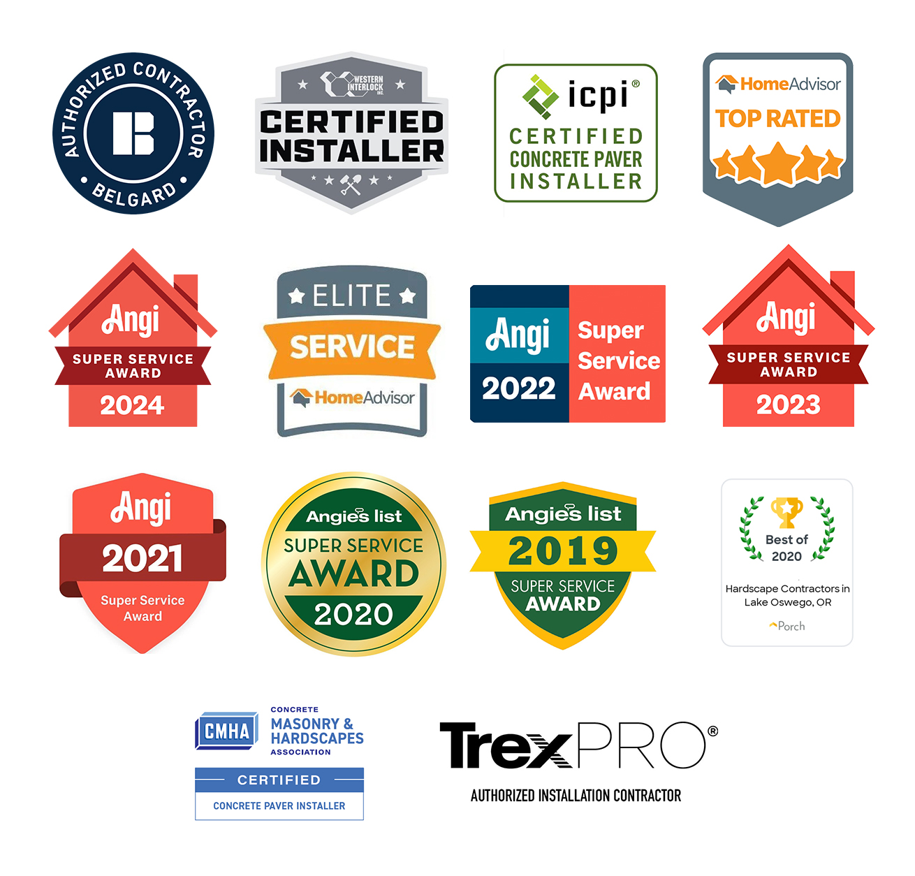 Oregon Concrete Company credentials — Belgard Authorized Contractor, ICPI Certified Concrete Paver Installer, HomeAdvisor Top Rated, Angi Super Service Awards (2019–2024), TrexPRO, and CMHA certified